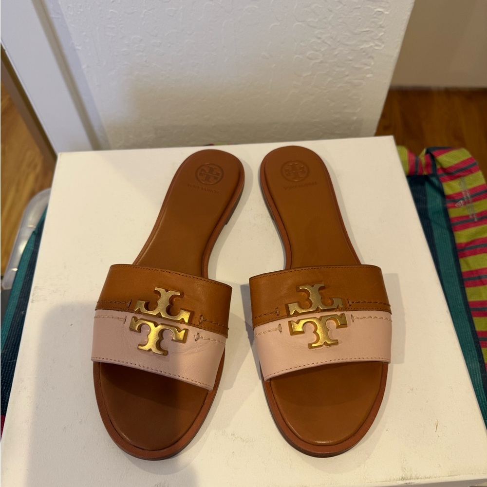 Tory Burch Tan and Blush Leather Logo Slide Sandals